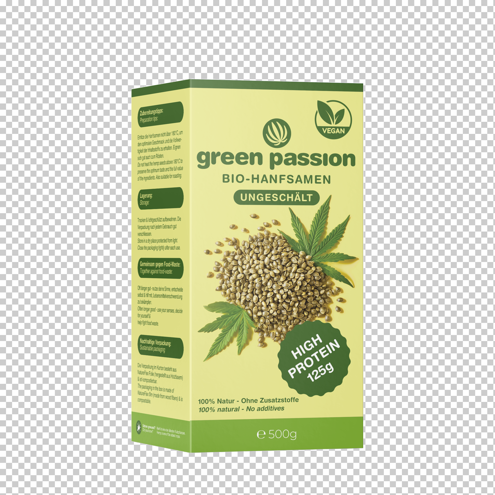 Green Passion Graines de chanvre bio non décortiquées 500g – graines de chanvre riches en nutriments, idéales pour une alimentation riche en protéines. 100% naturel et vegan.